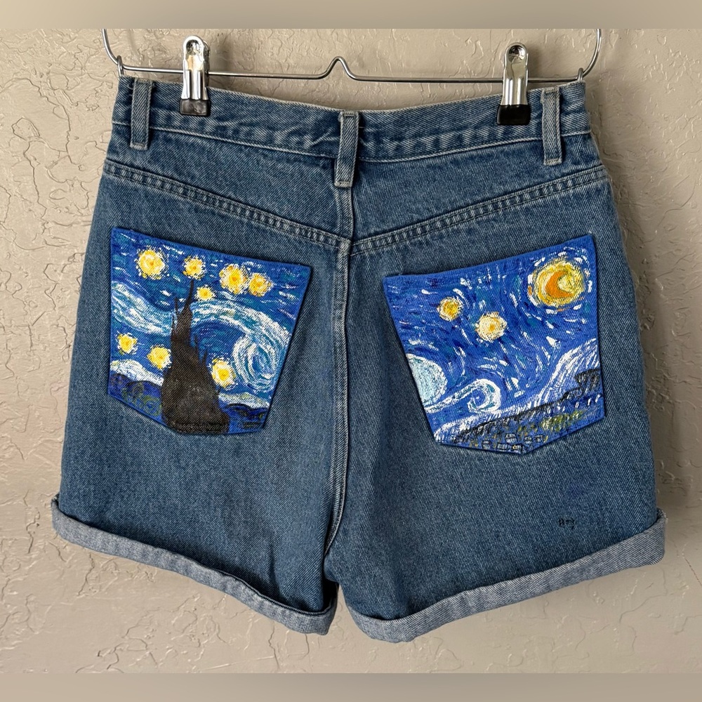 Starry Night Hand-Painted Denim Jean Shorts - Blue READ DESCRIPTION